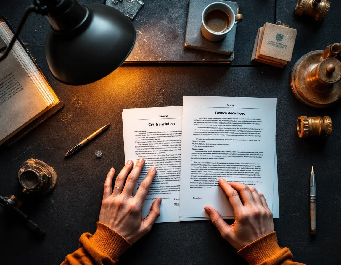 Two documents being compared side by side under a warm desk lamp